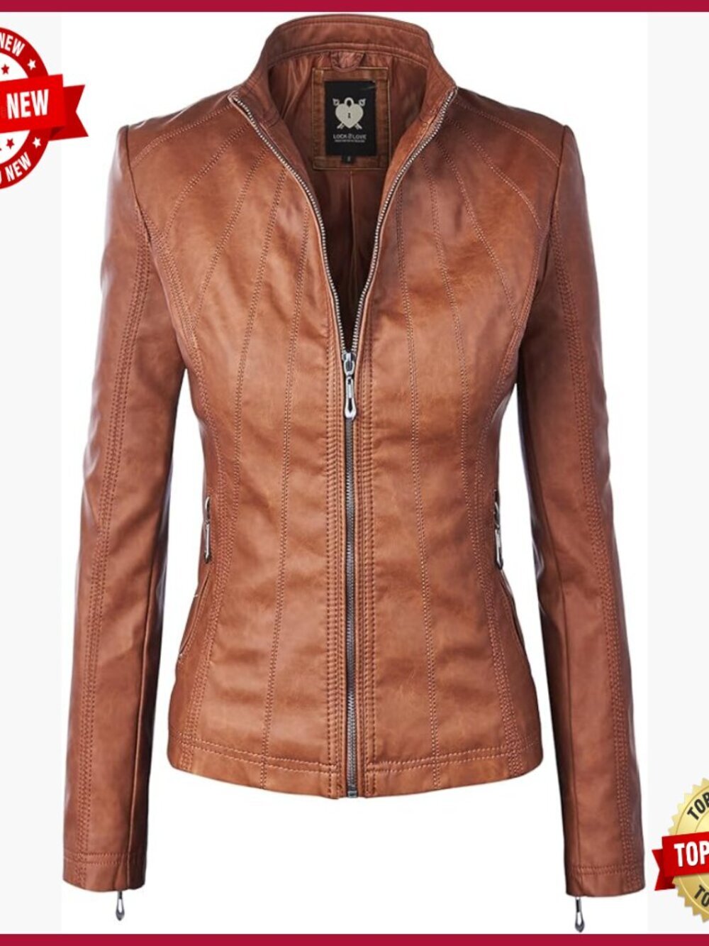 Slim Fit Vegan Leather Moto Jacket with Zippered Pockets and Long Sleeves